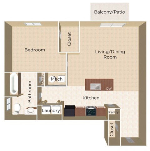 Floor plan for studio, 1 bath, 660 sqft